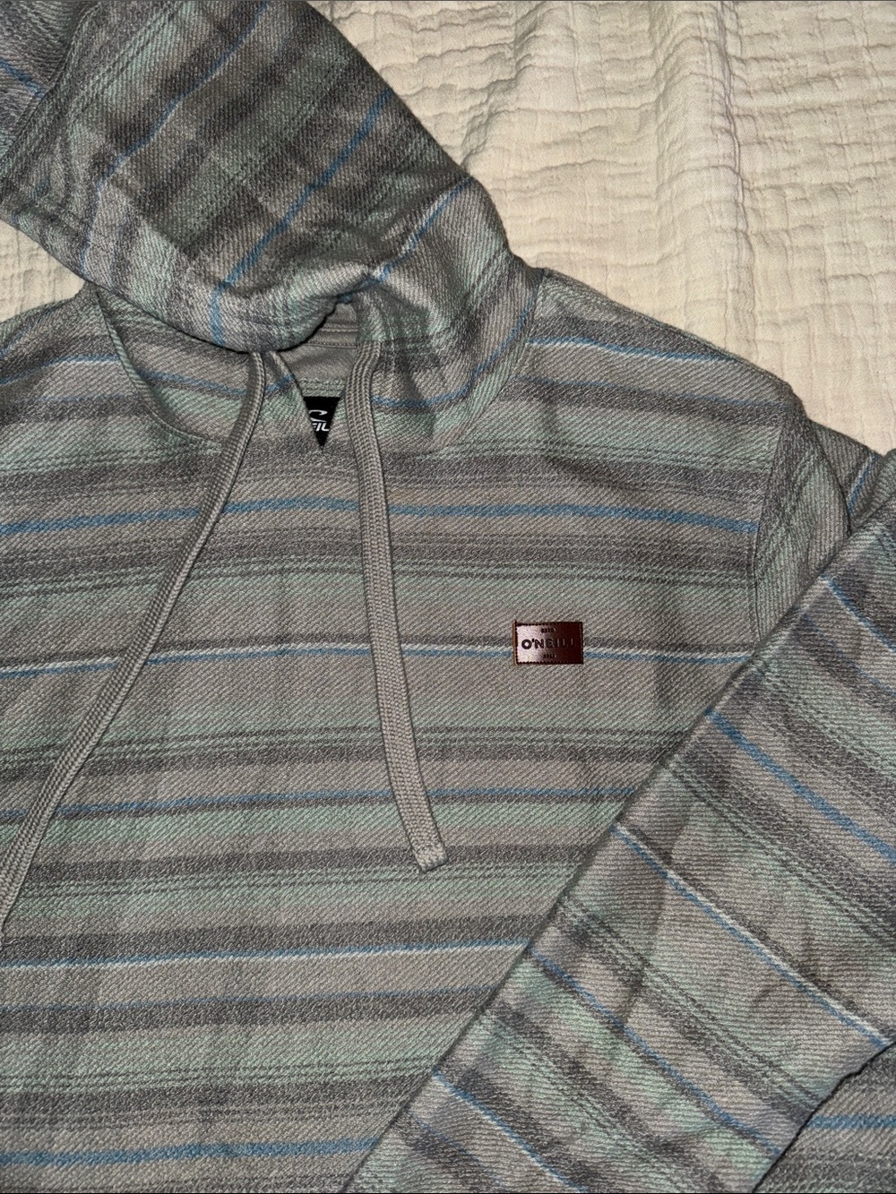 O'Neill Men's Gray Striped Crewneck Hoodie with Light Blue Accents